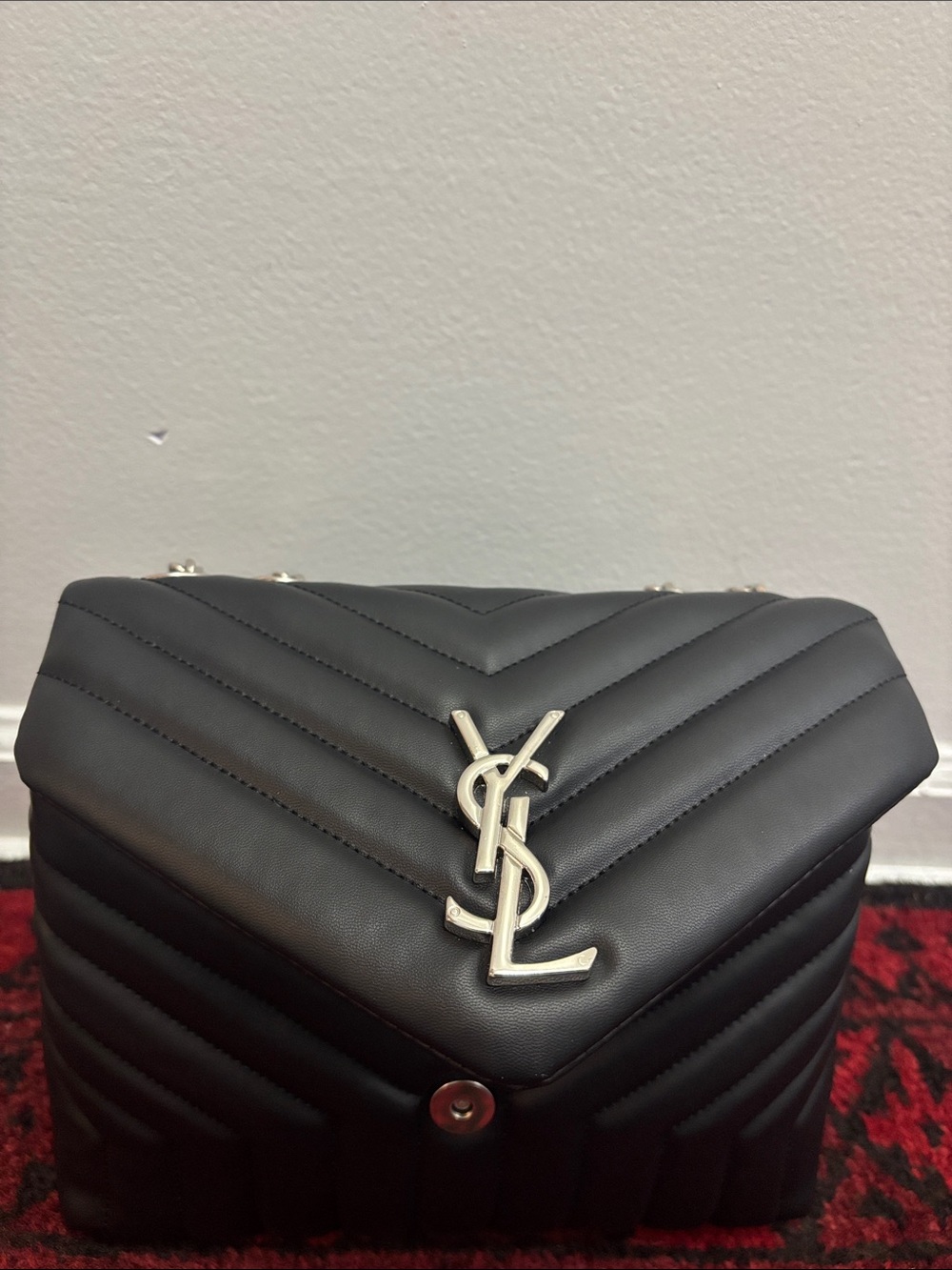 Saint Laurent Black Chevron Quilted Leather Crossbody with Silver YSL